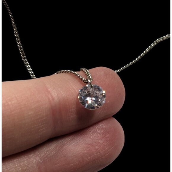Minimalist Dainty Circular Cubic Zirconia Pendant On Silver Tone Chain - Picture 3 of 8